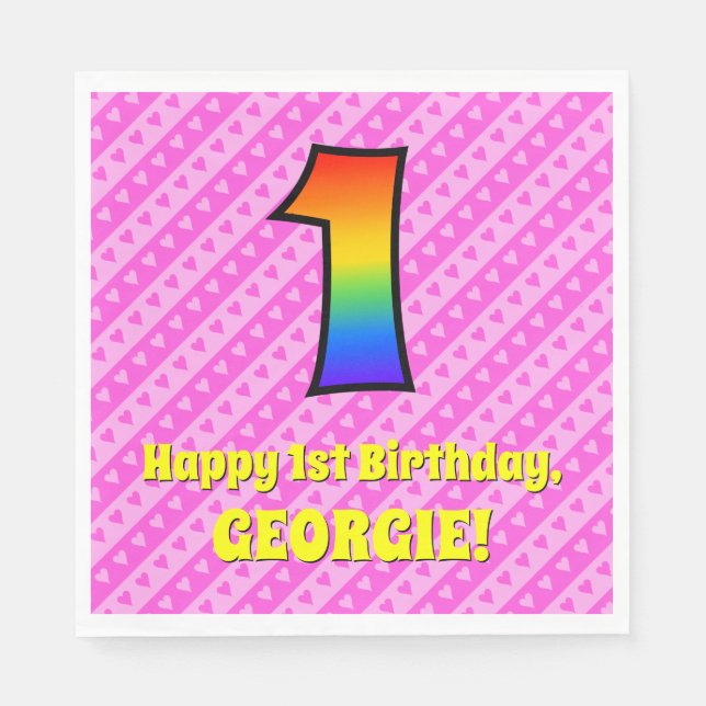 1. Geburtstag: Rosa Streifen & Herz, Regenbogen Nr Serviette (Vorderseite)