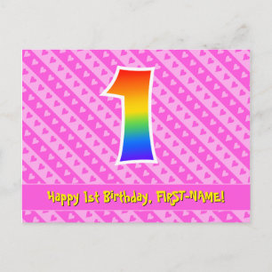1. Geburtstag: Rosa Streifen & Herzen, Regenbogen  Postkarte