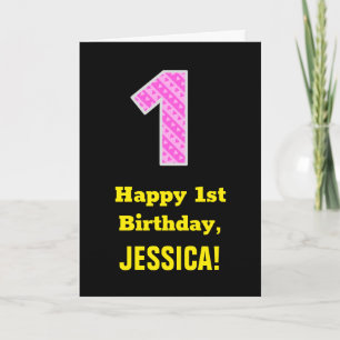 1. Geburtstag: Rosa Streifen und Herz "1" + Name Karte