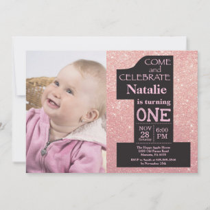 1. Geburtstag Rose Gold Glitzer und Rosa Foto Einladung