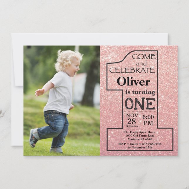1. Geburtstag Rose Gold Pink Glitzer Foto Einladung (Vorderseite)