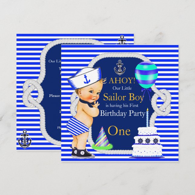 1. Geburtstag Sailor Boy Navy Blauer Streifen Blon Einladung (Vorne/Hinten)