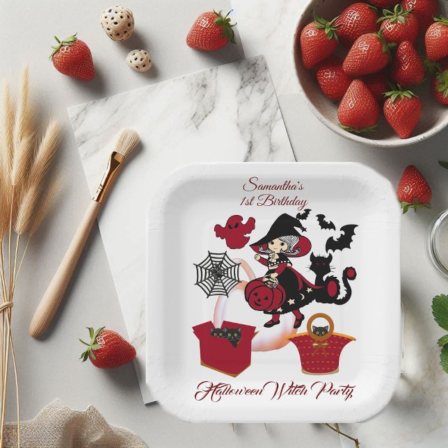 1. Geburtstag Spooky Hexenkatze Halloween Party Ka Pappteller (1st Birthday Spooky Witch Party Halloween Cat Cute Paper Plates)