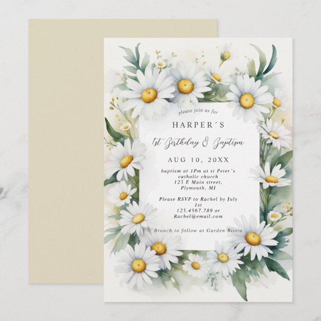 1. Geburtstag Taufe daisme Blume Einladung (Vorne/Hinten)