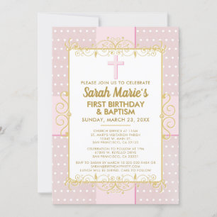 1. Geburtstag Taufe Pink Gold Text Polka Dot Einladung