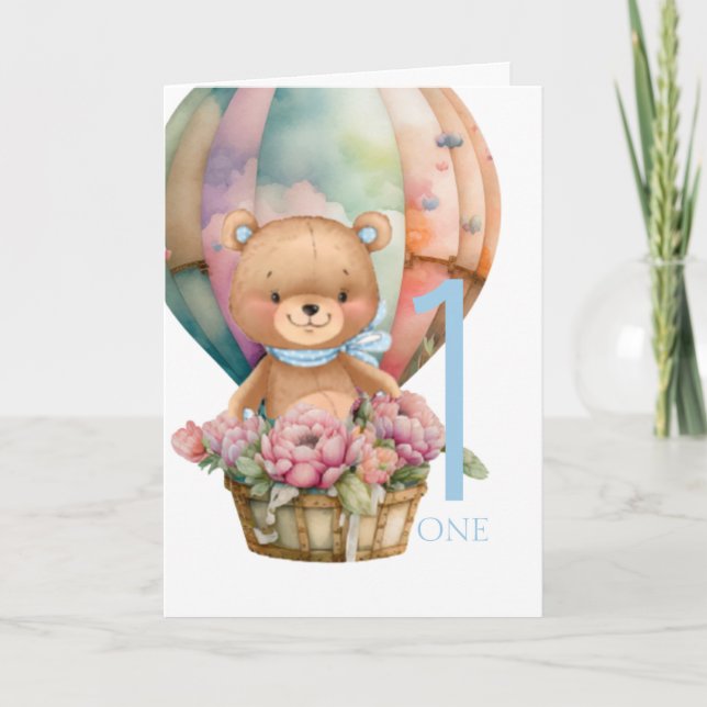 1. Geburtstag Teddy Bear Ballon Karte (Vorderseite)
