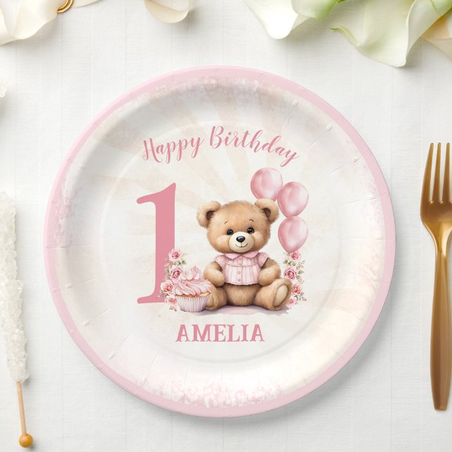1. Geburtstag Teddy Bear Pink Balloons Papier Tell Pappteller (1st Birthday Teddy Bear Pink Balloons Paper Plates)