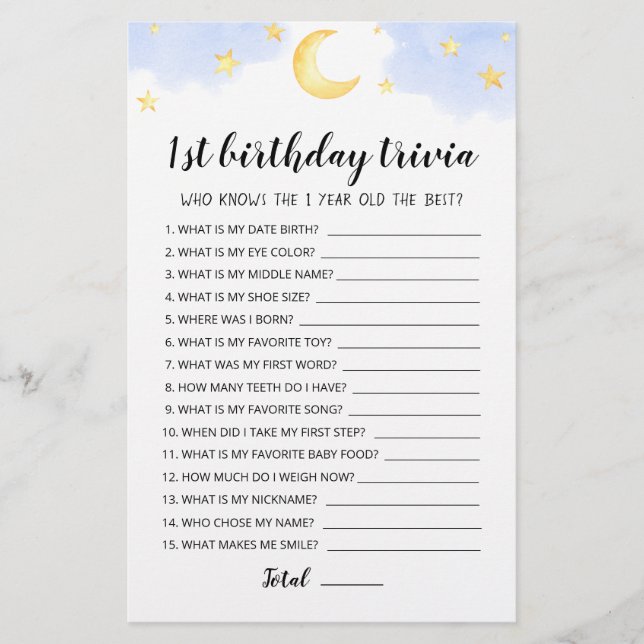 1. Geburtstag Trivia editierbares Spiel (Vorderseite)
