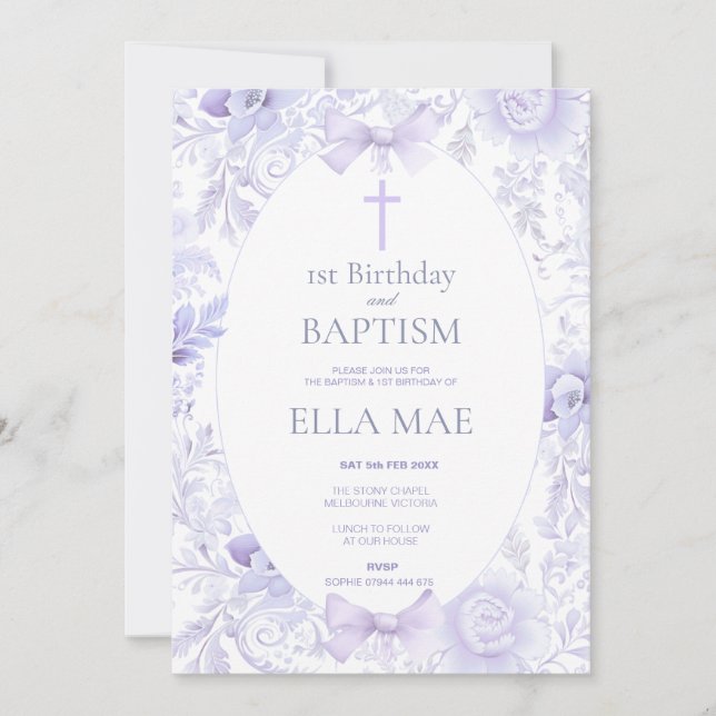 1. Geburtstag und Taufe für Mädchen Lilac Floral Einladung (Vorderseite)