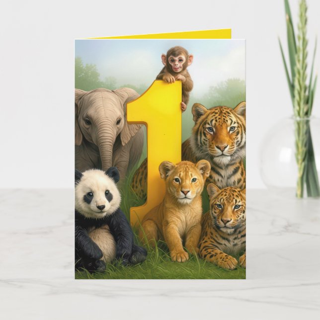 1. Geburtstag Wildtiere Babys Karte (Vorderseite)
