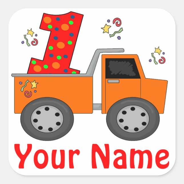 1. Geburtstags-Dump Truck Personalisierter Aufkleb Quadratischer Aufkleber (Vorderseite)