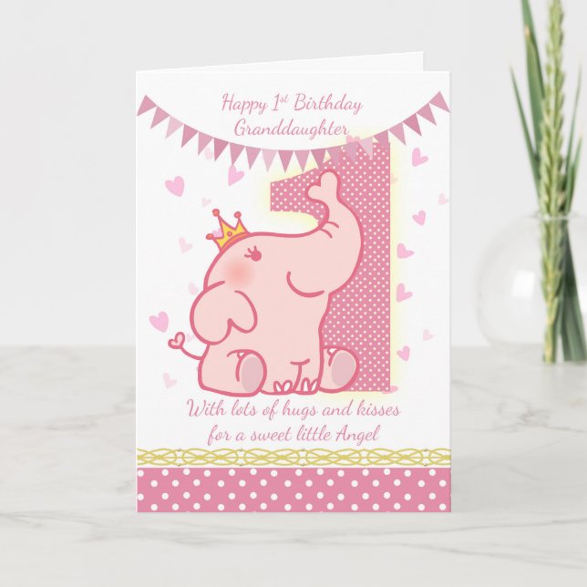 1. Geburtstags-Enkelin, rosa Elefant-Karte Karte (Vorderseite)