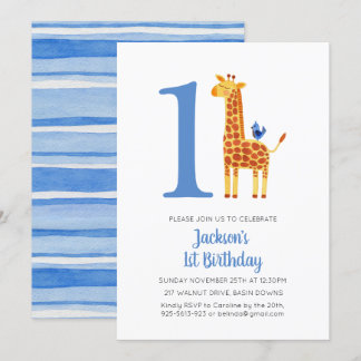 1. Geburtstags-Giraffe & Vogelgezetteltes Party Einladung