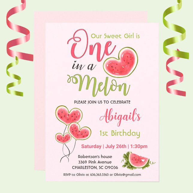 1. Geburtstags-Party in einem melonrosa Mädchen Einladung (1st Birthday invitation for girl with watercolor watermelon in a heart shape, One in a melon,)