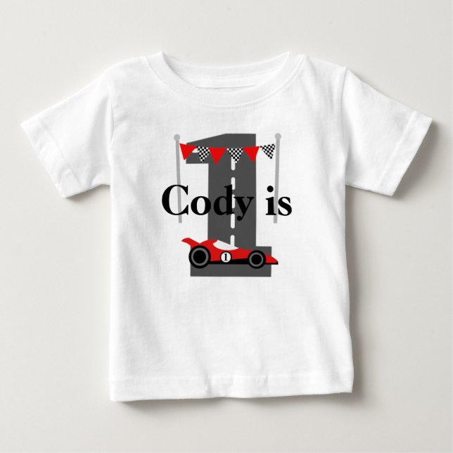 1. Geburtstags-Rennwagen-Gewohnheit Baby T-shirt (Vorderseite)