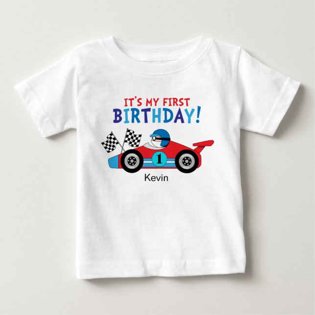 1. Geburtstags-Rennwagen-Rot und Blau Baby T-shirt (Vorderseite)