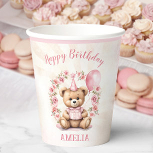 1. Geburtstagsbär Pink Roses Paper Cups Pappbecher