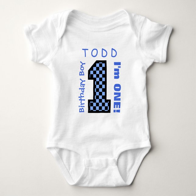 1. Geburtstagsjunge BLAUE KAROS Jahr Individuelle  Baby Strampler (Vorderseite)