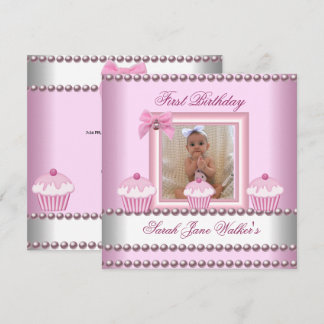 1. Geburtstagskind Pink Cupcakes White Pearl Baby Einladung