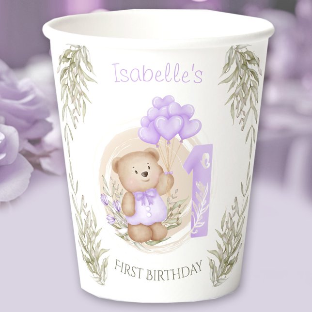 1. Geburtstagsmädchen Niedlich Teddy Bär Lila Pappbecher (First Birthday Cute Teddy Bear Heart Balloons Paper Cups)