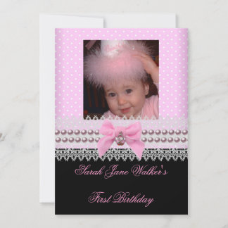 1. Geburtstagsmädchen Pink Weißes Pearl Foto Erste Einladung