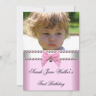 1. Geburtstagsmädchen Pink Weißes Pearl Foto Erste Einladung