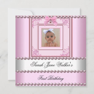 1. Geburtstagsmädchen Pink Weißes Pearl Foto Erste Einladung
