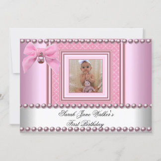 1. Geburtstagsmädchen Pink Weißes Pearl Foto Erste Einladung