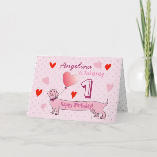 1. Geburtstagsmädchen Süßer Rosa Welpe Einladung
