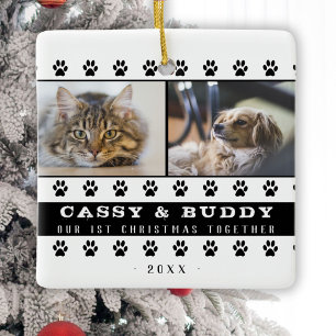 1. gemeinsames Weihnachten Zusammen Katze Hund Pfo Keramikornament