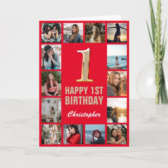 1. Happy Birthday Red and Gold Foto Collage Karte (Vorderseite)