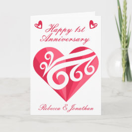 1. Hochzeit Jubiläum Pink Heart Personalisiert Karte