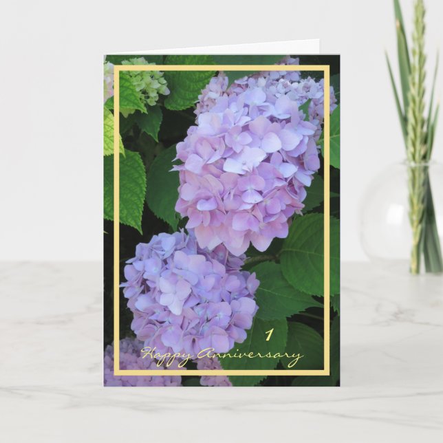 1. Hochzeit Jubiläum wünscht Lila Hydrangeas Karte (Vorderseite)