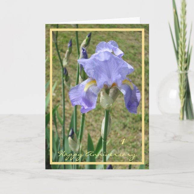 1. Hochzeit Jubiläum wünscht Lila Iris Elegant Karte (Vorderseite)