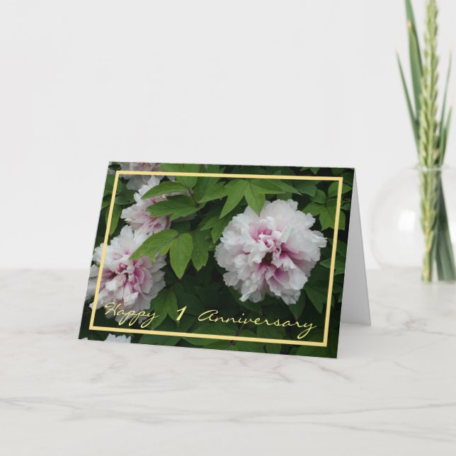 1. Hochzeit Jubiläum wünscht Peonies Elegant Karte (Vorderseite)