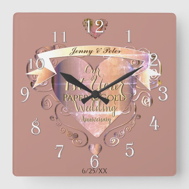 1. Hochzeitsfeier und Gold W Herz Quadratische Wanduhr (Vorderseite)