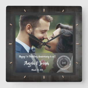 1. Hochzeitsjubiläum Foto Holzstruktur-Uhr Quadratische Wanduhr