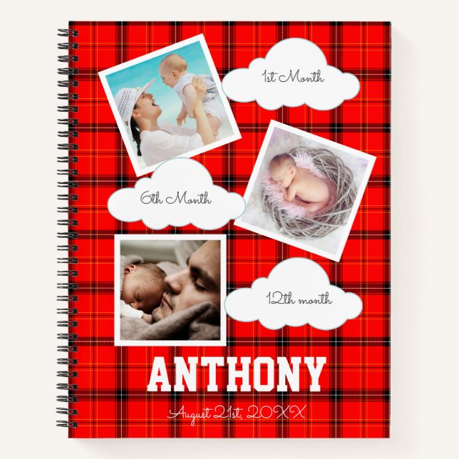 1. Jahr Baby Meilenstein Red Tartan Foto Album Notizbuch (Vorderseite)