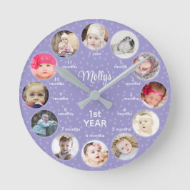 1. Jahr der Fotos Girl Lila Polka Dots Kinderzimme Runde Wanduhr