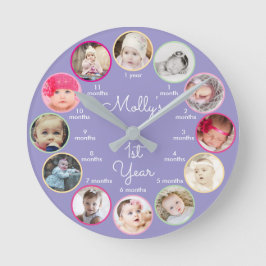 1. Jahr der Fotos Lila Kinderzimmer Runde Wanduhr