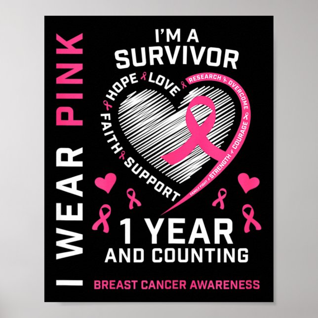 1 Jahr Krebs freie Mama Rosa Bewusstsein Brustkreb Poster (Vorne)
