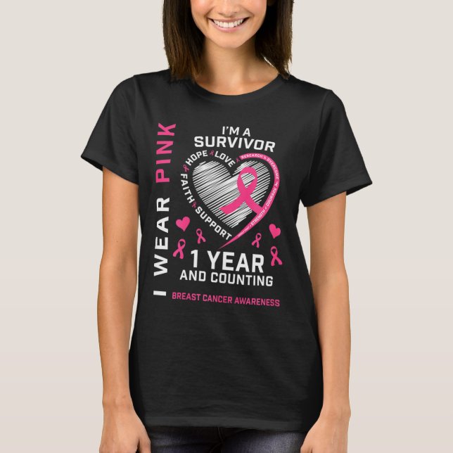 1 Jahr Krebs freie Mama Rosa Bewusstsein Brustkreb T-Shirt (Vorderseite)