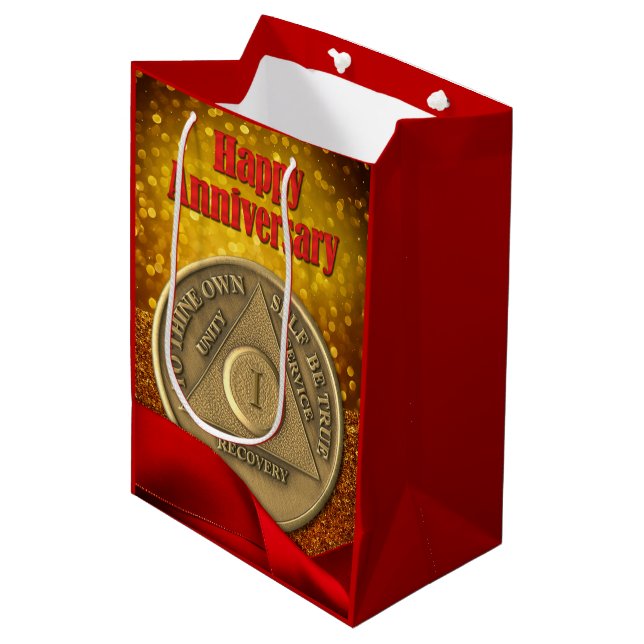 1 Jahr OM Coin Glitzer Frohes Jubiläum Mittlere Geschenktüte (Vorderseite Schrägansicht)