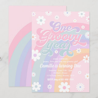 1 Jahr Retro Daisy Pink Rainbow Geburtstag Einladung