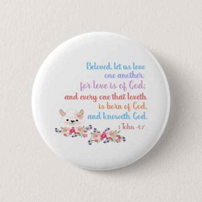 1 Johannes 4,7 Bibelvers Regenbogen Text Button (Vorderseite)