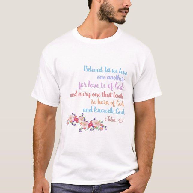 1. Johannes 4,7 Bibelvers Regenbogen Text T-Shirt (Vorderseite)