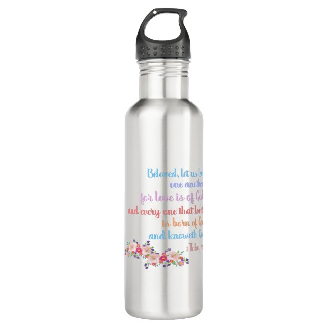1 John 4:7 Bible Verse Regenbogentext Edelstahlflasche (Vorderseite)