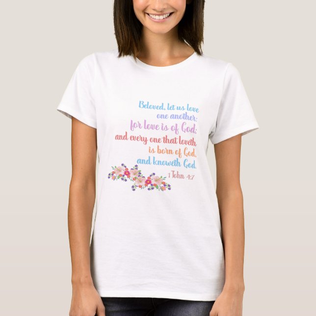1 John 4:7 Bible Verse Regenbogentext T-Shirt (Vorderseite)