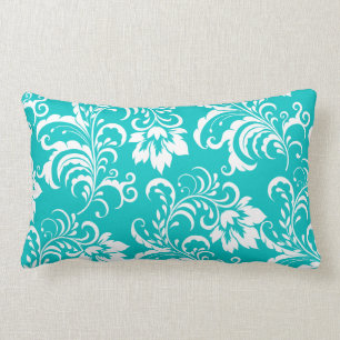 1 Kissen Teal Blau Weiß Damast Floral