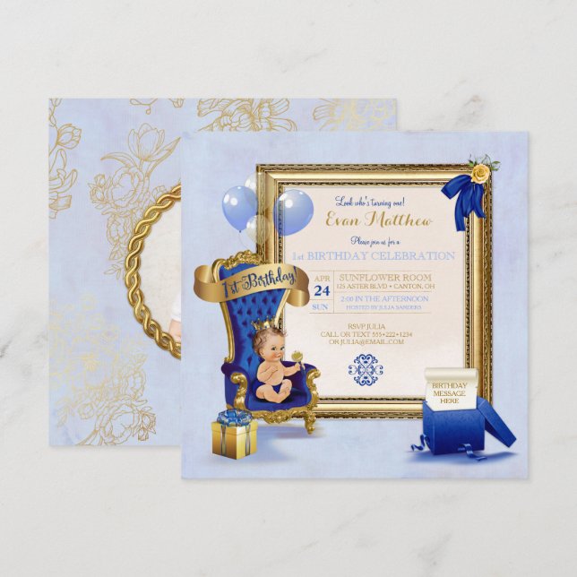 1. Königliches Blau-GoldFoto Geburtstags-Prinz-Boy Einladung (Vorne/Hinten)